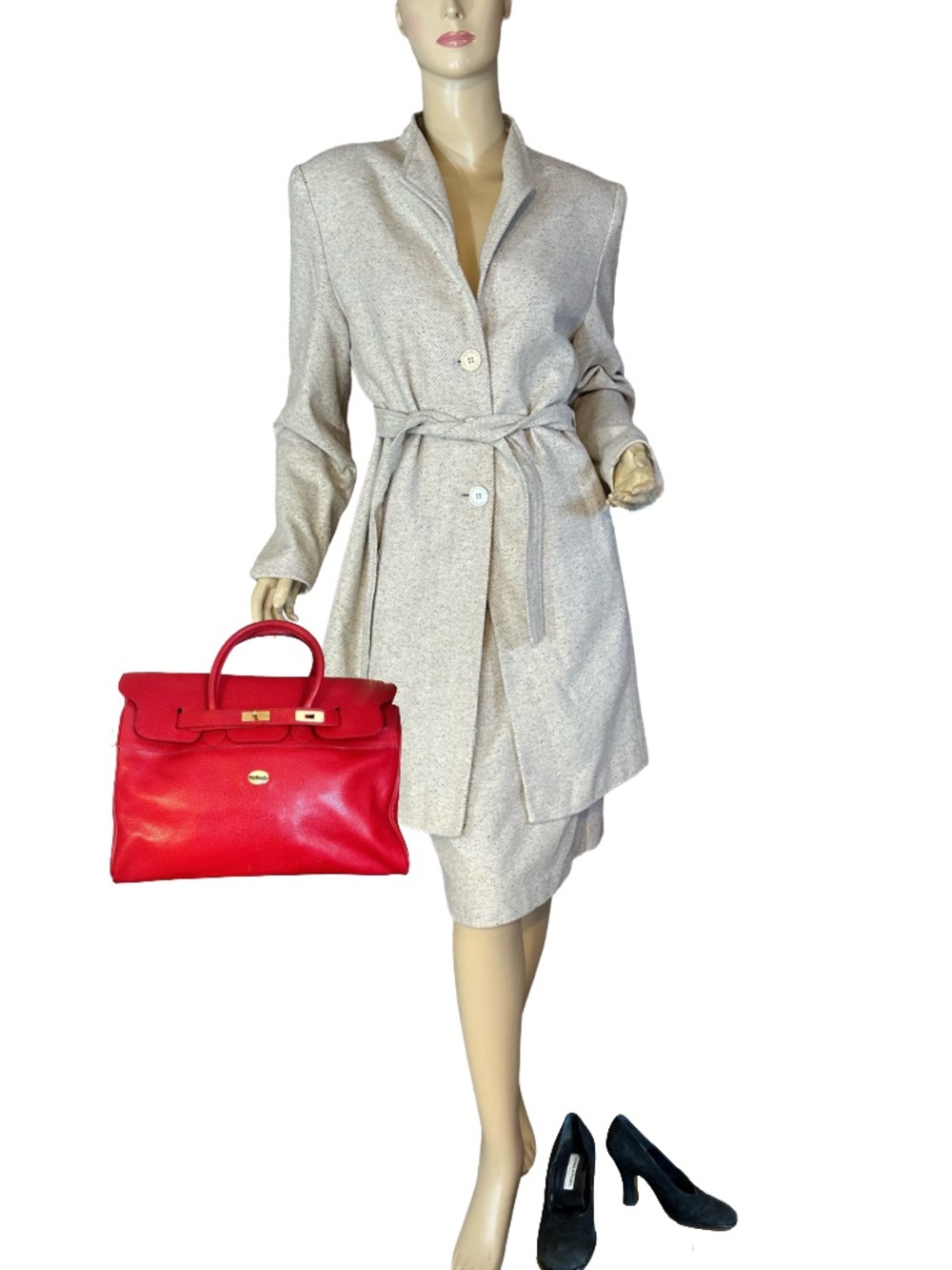VINTAGE 1999'S BILL BLASS GRAY SPECKLED PRINT WOOL BLEND SKIRT SUIT (12)